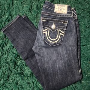True Religion Dark Wash Skinny Jeans Size 28x27 Horseshoe Pocket Y2K Denim
